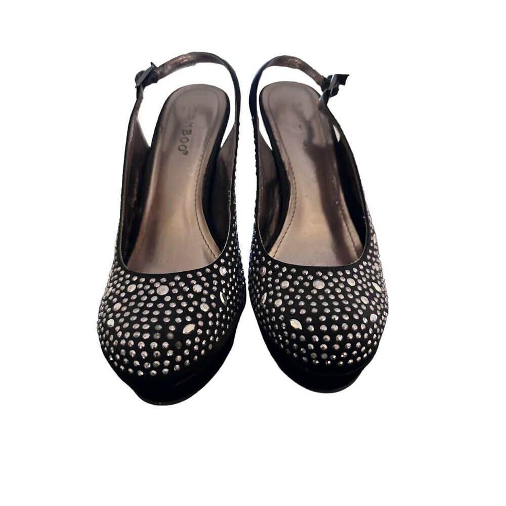 🍒 2/$20 🍒 Black with Rhinestone Bling Sling Back Heels sz 6.5